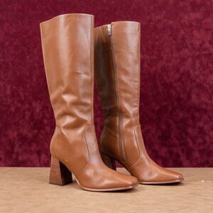 Marc Fisher Women Dreeam Brown Leather Block Heel Square Toe Tall Boots sz 9.5